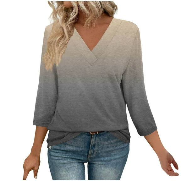 WCMZJ 3/4 Length Sleeve Womens Tops Summer Casual V Neck T Shirts Cute Tunic Tops for Ladies Loose Fit Dressy Blouses Sky Blue M