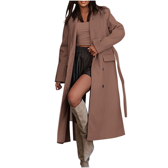 WCMZJ Blazer Jackets for Women 2024 Winter Lapel Double Breasted Office Work Long Wool Pea Coat Open Front Cardigan Lapel Coats Khaki M