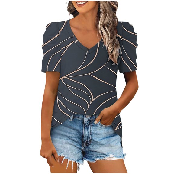 WCMZJ Blouse for Women Dressy Casual Puff Short Sleeve Boho Tops Fashion Floral V Neck Tunic Shirts Summer Clothes Gray 3XL
