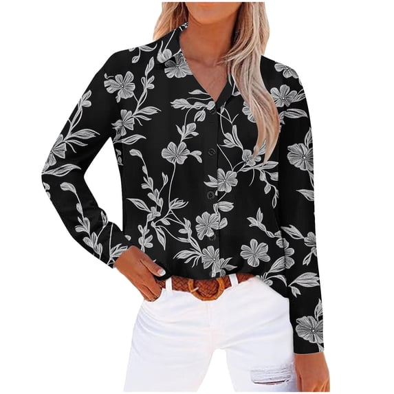 WCMZJ Button Down Shirts for Women Dressy Floral Printed Long Sleeve Blouse Business Casual Work Tops Black M