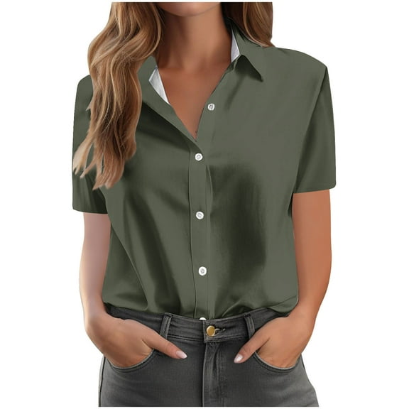 WCMZJ Button Down Shirts for Women Short Sleeve Dress Shirts Summer Collared Work Office Blouse Tops Army Green XL