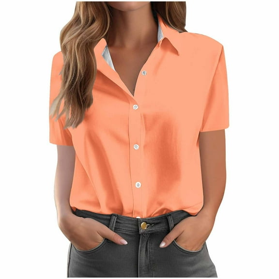 WCMZJ Button Down Shirts for Women Short Sleeve Dress Shirts Summer Collared Work Office Blouse Tops Orange L