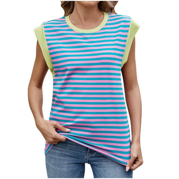 WCMZJ Cap Sleeve Tops for Women Summer Top Striped Print Basic Tee Shirts Casual Tank Loose Fit 2024 Fashion Yellow L