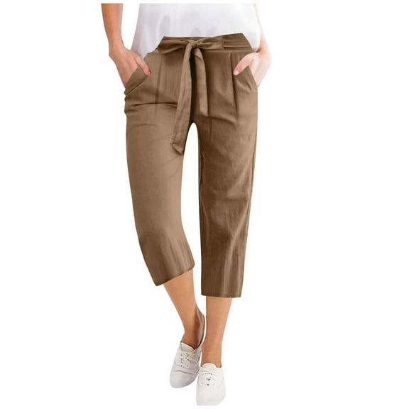 WCMZJ Capris Pants for Women Cotton Linen Casual Summer 2025 Straight Wide Leg Loose Drawstring Elastic Waist Cropped Trouser Brown 2XL