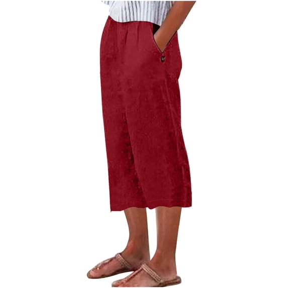 WCMZJ Capris Pants for Womens Summer Elastic Waisted IIrregular Leg Solid Color Pant Casual Baggy Loose Beach Cropped Trouser with Pockets Red S