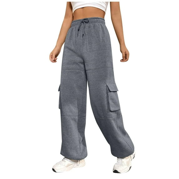 WCMZJ Cargo Joggers for Women Baggy Fleece Wide Leg Sweatpants Elastic High Waisted Pocketed Pants Fall Casual Comfy Hiking Pants Dark Gray M