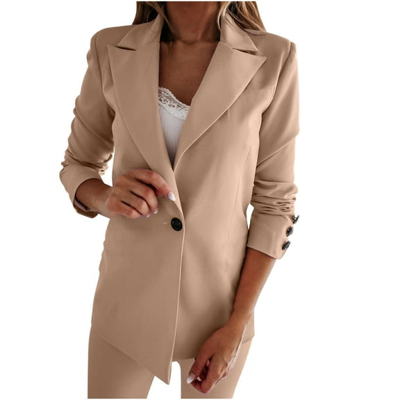 WCMZJ Casual Blazer Jackets for Women 2024 Fall Long Sleeve Open Front Button Work Office Suit Jacket with Pockets Khaki XXL