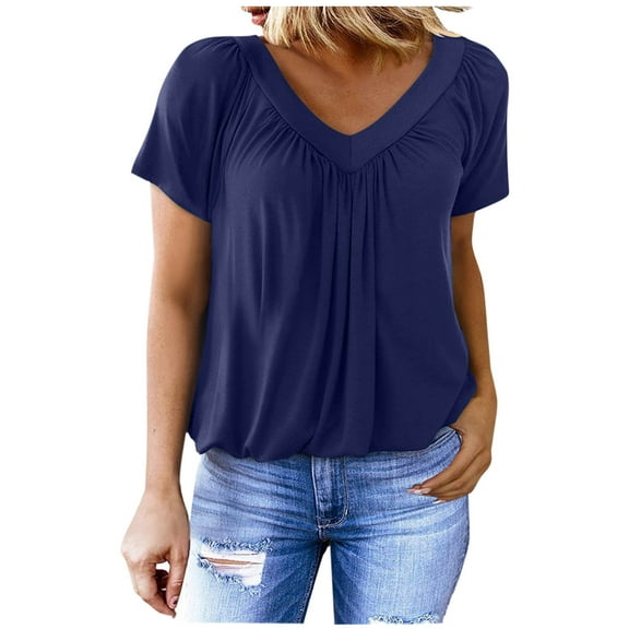 WCMZJ Casual Tops for Women Short Sleeve Pleated Front Blouse V Neck Tunic Summer Loose Fit Tshirts Navy XL