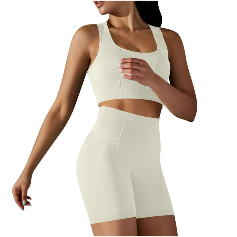 WCMZJ Casual Workout Sets for Women Seamless Ribbed Square Neck Crop Tops Leggings Matching 2 Pieces Outfits Two Piece Yoga Workout Outfits White L