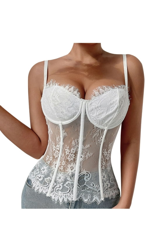 Corset Tops for Women Floral Lace Sheer Mesh V Neck Adjustable Strap Bustier Crop Tank Tops Bodysuit Party Clubwear