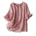 thumbnail image 1 of WCMZJ Cotton Linen Blouses for Women Button Down Crew Neck Embroidery Tunic Tops Summer Spring Casual Flowy Ruffle Sleeve Buttons Tee Shirts Pink M, 1 of 4