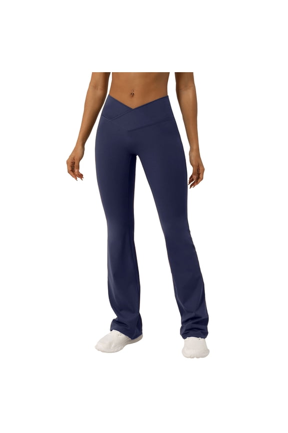 Crossover Flare Leggings for Women High Waist V Cross Bootcut Bell Bottoms Tummy Control Yoga Pants Dark Blue M