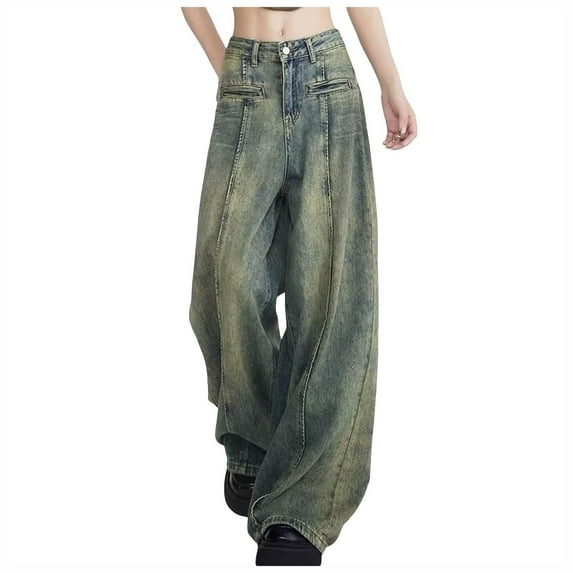 WCMZJ Cute Jeans for Women Girls Star Patchwork Pants Y2K High Waisted Straight Leg Baggy Jean Casual Preppy Clothes. Dark Blue M