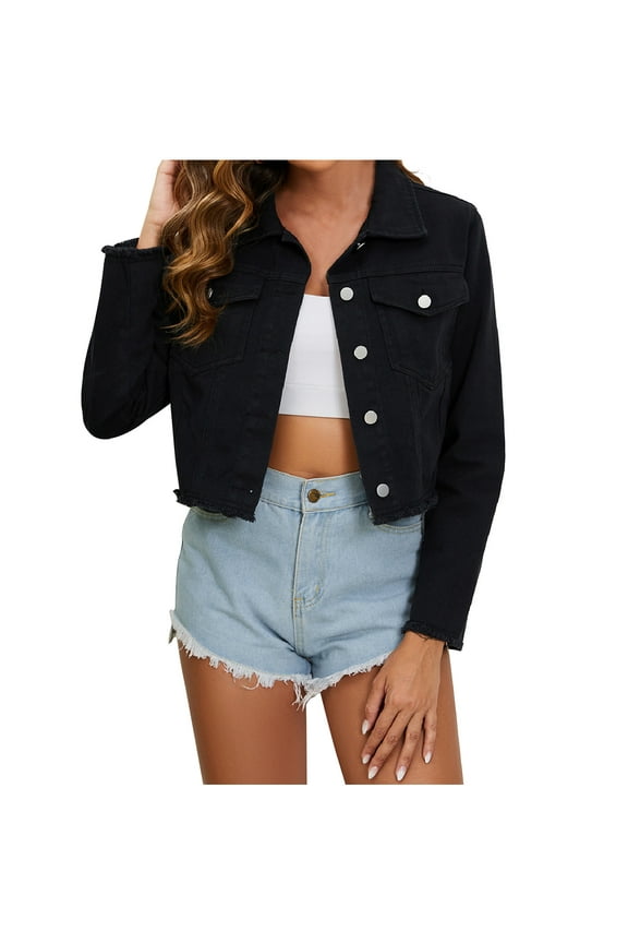 Denim Jackets for Women Button Down Cropped Frayed Jean Jacket Long Sleeve Distressed Ripped Denim Jacket Coat Black L