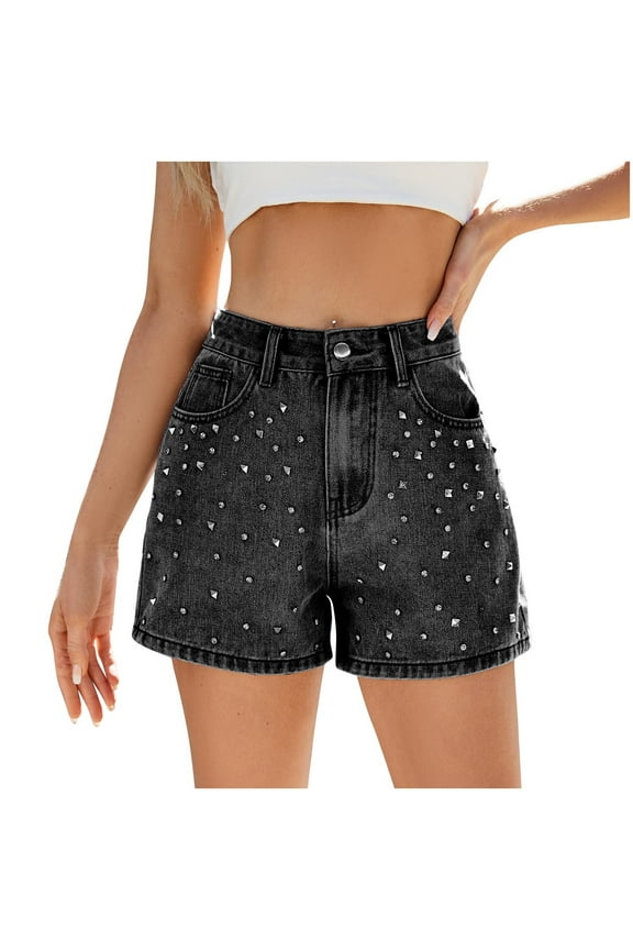 Denim Shorts Women Trendy Button Summer Cut Off Short Womens Jean Shorts High Waisted Denim Studded Rhinestone Shorts Black S