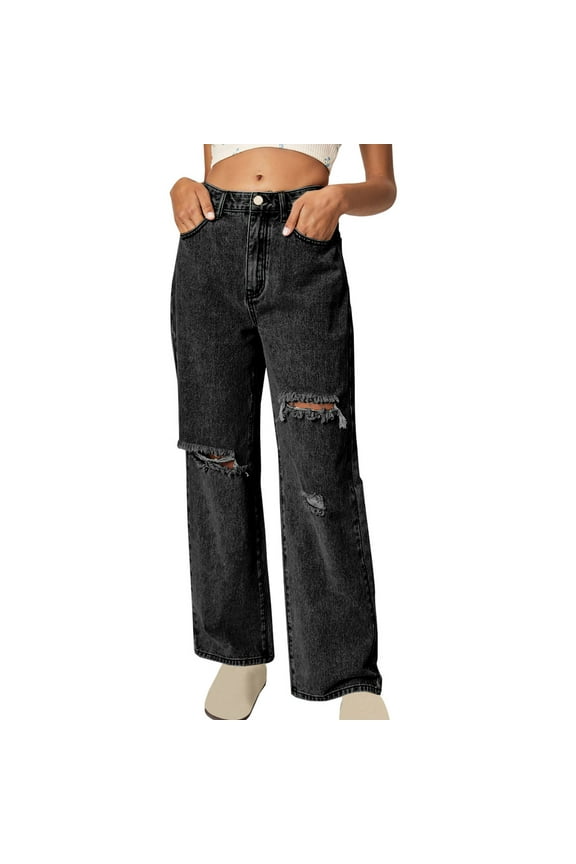 Distressed Boyfriend Jeans for Women High Waist Wide Leg Loose Destroyed Ripped Denim Pants for Teen Girl Juniors Black L
