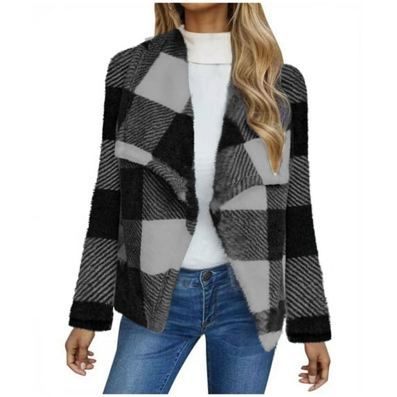 WCMZJ Fleece Jacket Women's Buffalo Plaid Jackets Winter Coat Casual Outerwear Open Front Teddy Coats Shaggy Outfits Dark Gray S