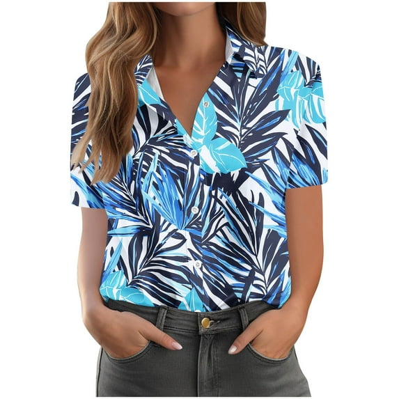 WCMZJ Hawaiian Shirts for Women Summer Beach Shirt Tropical Shirts Womens Hawaii Button Down Short Sleeve Blouses Button Up Tops Blue XL