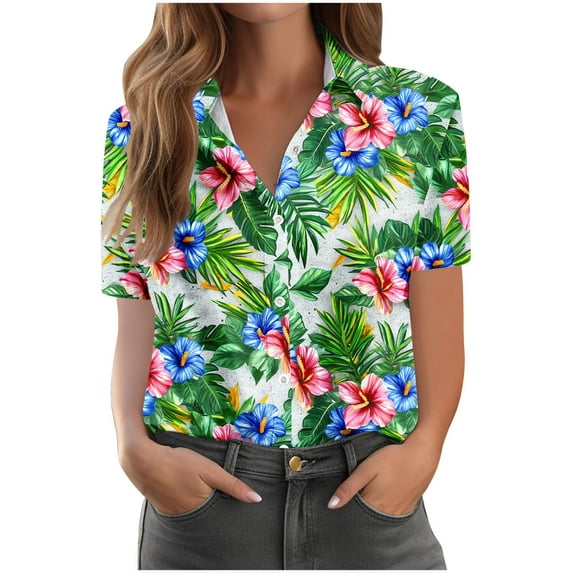 WCMZJ Hawaiian Shirts for Women Summer Beach Shirt Tropical Shirts Womens Hawaii Button Down Short Sleeve Blouses Button Up Tops Green XL