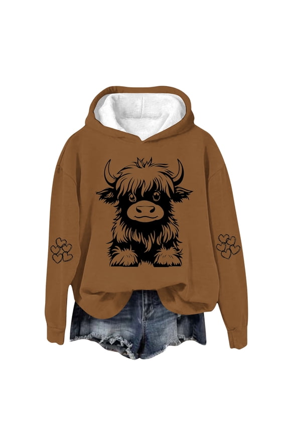 Highland Cow Hoodies for Women Cute Funny Graphic Sweatshirt Cowgirl Long Sleeve Plus Size Oversized Pullover Tops Brown XL
