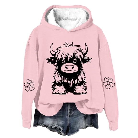 WCMZJ Highland Cow Hoodies for Women Cute Funny Graphic Sweatshirt Cowgirl Long Sleeve Plus Size Oversized Pullover Tops Pink XL