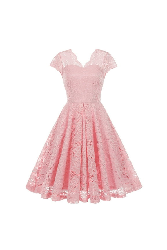 Lace Cocktail Dresses Tea Length Prom Party Dress for Teens Women Cap Sleeve Formal Bridesmaid Wedding Guest Dress Pink M