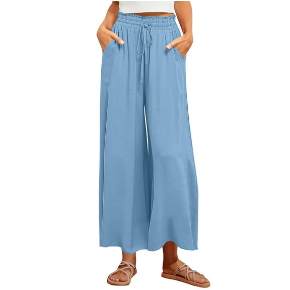 WCMZJ Linen Palazzo Pants for Women Dressy Summer Wide Leg Flowy Pants Boho Linen Beach Trousers with Pockets Sky Blue S