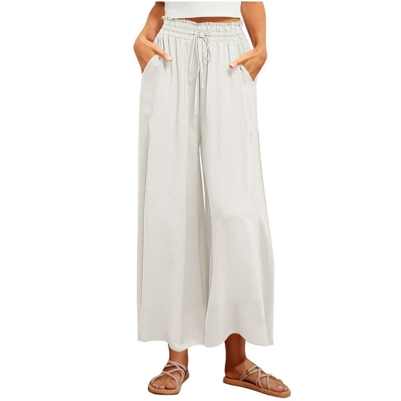 WCMZJ Linen Palazzo Pants for Women Dressy Summer Wide Leg Flowy Pants Boho Linen Beach Trousers with Pockets White 2XL
