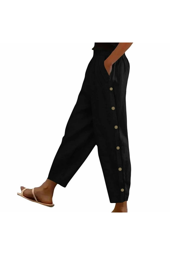 Linen Pants for Women 2025 Plus Size Trendy Solid Spring Summer Gauze Pants Casual Elastic Waist Comfy Trousers Black 2XL