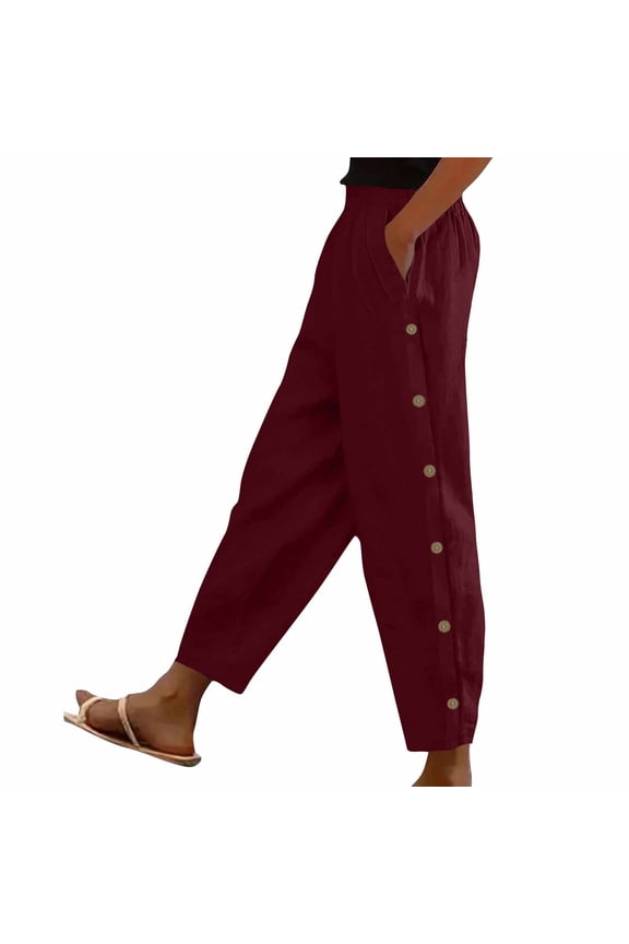 Linen Pants for Women 2025 Plus Size Trendy Solid Spring Summer Gauze Pants Casual Elastic Waist Comfy Trousers Wine M