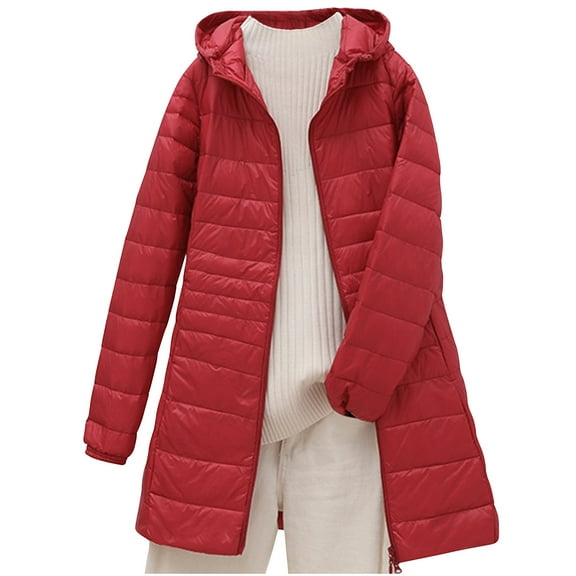 WCMZJ Long Puffer Coat for Women Plus Size Warm Winter Down Jackets Lightweight Removable Hood Quilted Coats Red XL