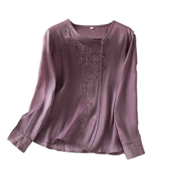WCMZJ Long Sleeve Cotton Linen Shirts for Women Dressy Casual Side Button Down Embroidered Tops Loose Comfy Fall Blouses Purple XL