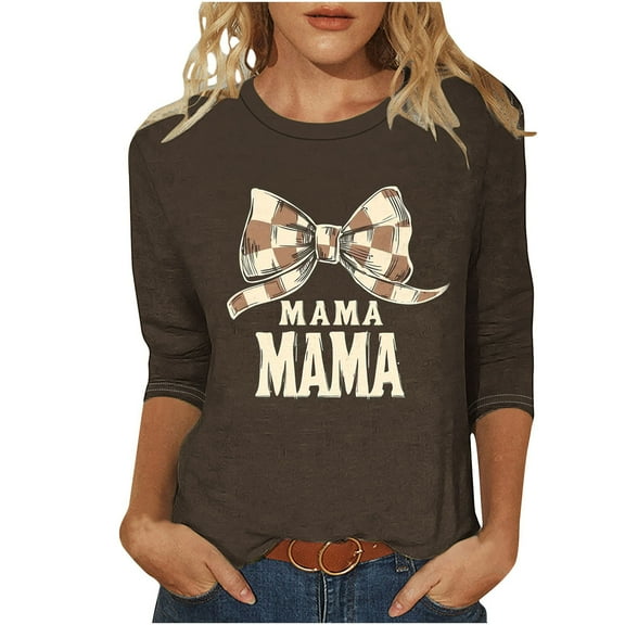 WCMZJ Mother's Day Womens Summer Tops 3/4 Length Sleeve Crew Neck Shirt Dressy Casual Tunic Blouses Letter Floral Cute Print Tees Loose Trendy 2025 Khaki 2XL