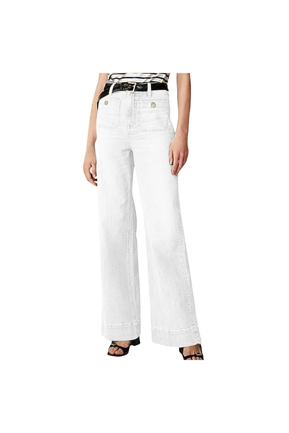 Oprah's Favorite Tummy Control Sailor Wide Leg Trouser Chiccurva Jeans Wide Leg Denim Pants Solid Color Stretchy jeans with Pockets White L