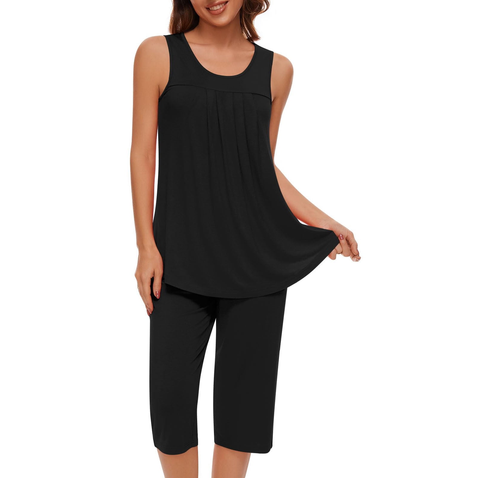 NACHILA Women's Pajama Set - Tank Top & Shorts, Bamboo Viscose, Black, XL