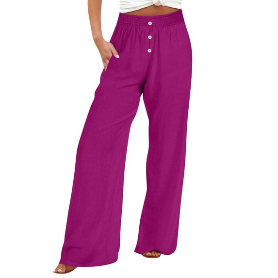 WCMZJ Palazzo Pants for Women Tall 2024 Summer Wide Leg Smock Waist High Waisted Pants Lightweight Flowy with Pockets Hot Pink S