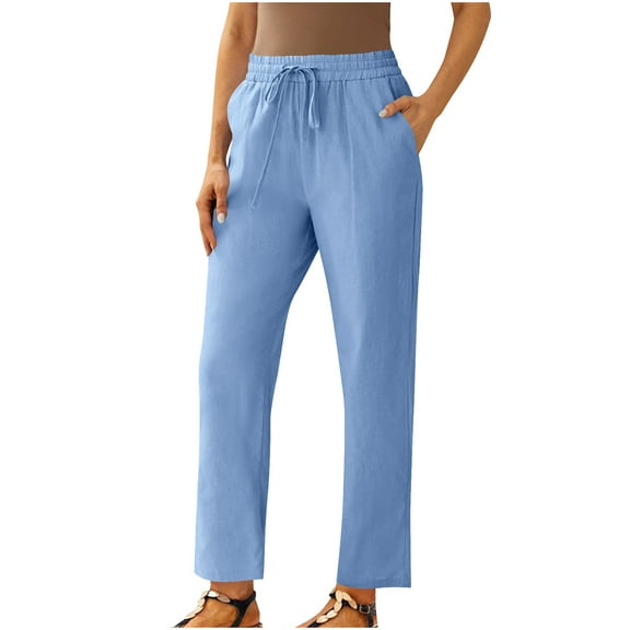 WCMZJ Plus Size Capris Pants for Women Cotton Linen Casual Summer 2025 Straight Wide Leg Loose Drawstring Elastic Waist Cropped Trouser Blue 2XL