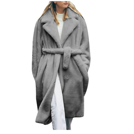 WCMZJ Plus Size Fur Coats for Women Winter Maxi Fluffy Faux Fur Overcoat Warm Long Parka Jacket Lapel Collar Coat Pocket Outwear with Belt Gray 4XL