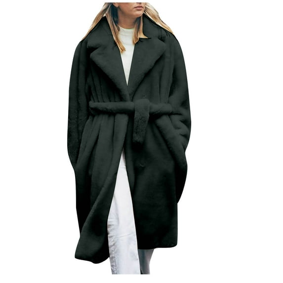 WCMZJ Plus Size Fur Coats for Women Winter Maxi Fluffy Faux Fur Overcoat Warm Long Parka Jacket Lapel Collar Coat Pocket Outwear with Belt Green M