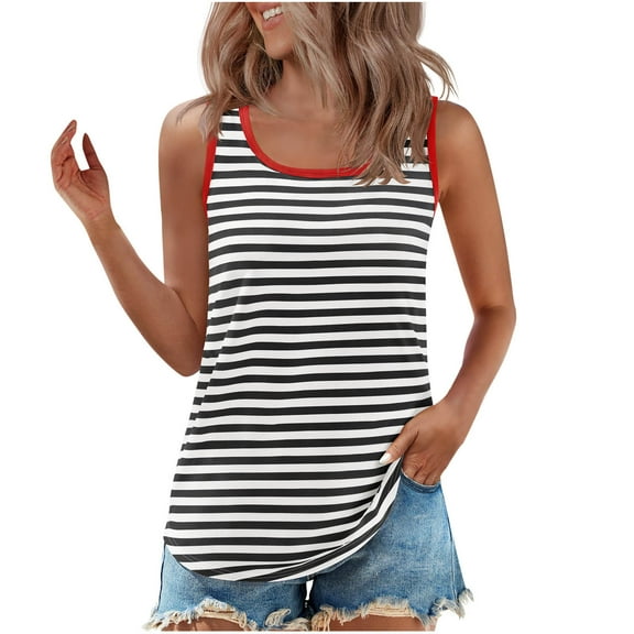 WCMZJ Plus Size Tank Tops for Women Sleeveless Crew Neck Striped Casual Summer Loose Tee Shirts Black 2XL