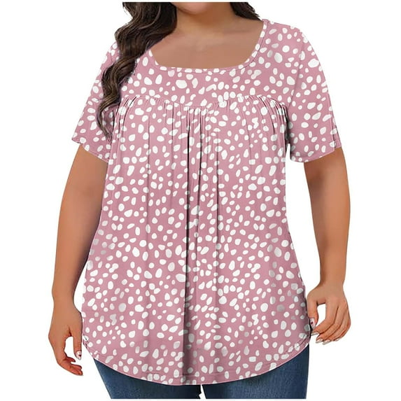 WCMZJ Plus Size Tops for Women Dressy Floral Square Neck Boho Summer Blouses Tunic Tops to Hide Belly Loose Fit Top Pink 4XL