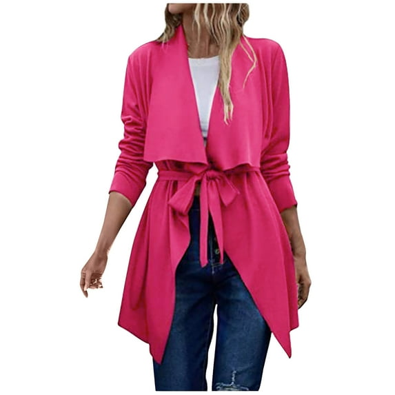 WCMZJ Plus Size Trench for Women Waterfall Collar Lapel Wrap Pea Cardigan Lightweight Lace up Chic Asymmetric Hem Solid Color Thermal Coats Hot Pink 4XL