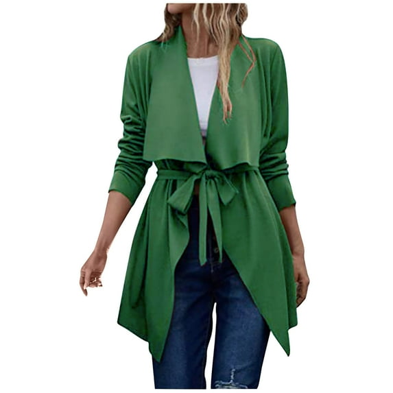 WCMZJ Plus Size Trench for Women Waterfall Collar Lapel Wrap Pea Cardigan Lightweight Lace up Chic Asymmetric Hem Solid Color Thermal Coats Green L