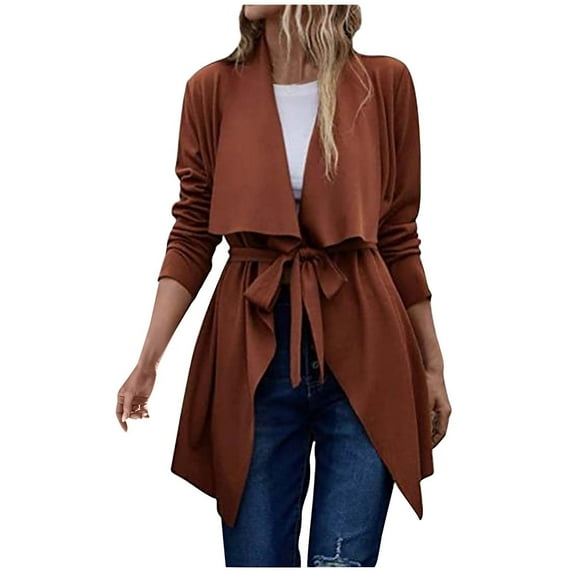 WCMZJ Plus Size Trench for Women Waterfall Collar Lapel Wrap Pea Cardigan Lightweight Lace up Chic Asymmetric Hem Solid Color Thermal Coats Khaki M