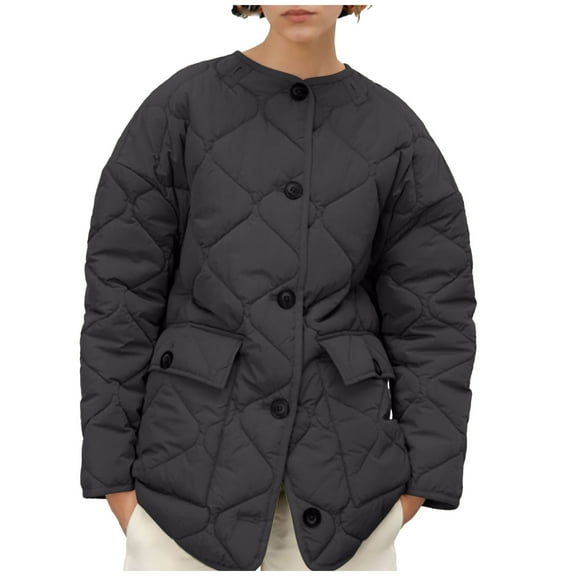 WCMZJ Quilted Lightweight Jackets for Women Winter 2024 Fashion Long Sleeve Button Down Jacket Casual Outerwear with Pocket Black XS