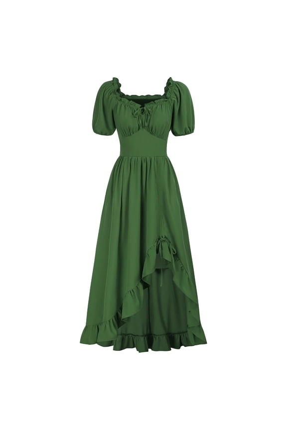 Renaissance Dress for Women Puff Short Sleeve Dresses Cottagecore Corset Dress Asymmetrical Maxi Dress Medieval Steampunk Dress Green M