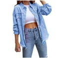 thumbnail image 1 of WCMZJ Ripped Fringe Jean Jacket Women Distressed Washed Button Down Unisex Frayed Denim Shacket with Pocket Blue M, 1 of 7