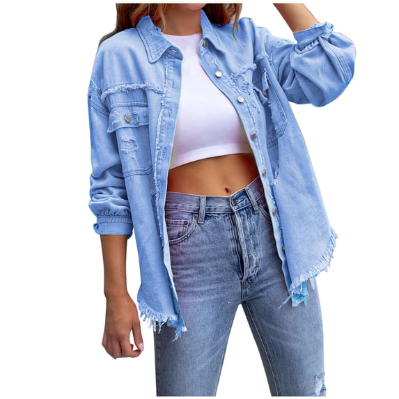 WCMZJ Ripped Fringe Jean Jacket Women Distressed Washed Button Down Unisex Frayed Denim Shacket with Pocket Blue M