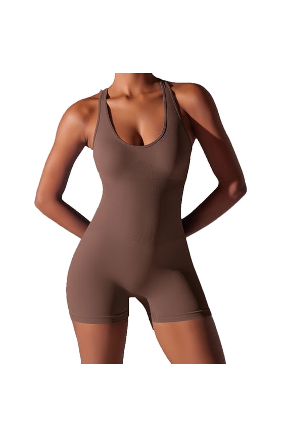 Romper for Women Workout Yoga Gym Seamless One Piece Racerback Jumpsuit Tummy Control Padded Sports Bra Brown S