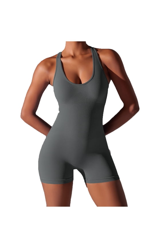 Romper for Women Workout Yoga Gym Seamless One Piece Racerback Jumpsuit Tummy Control Padded Sports Bra Gray S